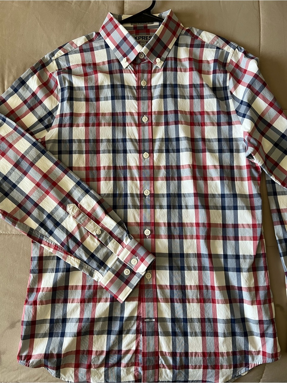 Express Men's Red, Blue & White Plaid Button-Down Shirt